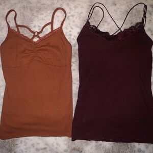 Set of Two Lace Trim TankTops - Brown and Burgundy